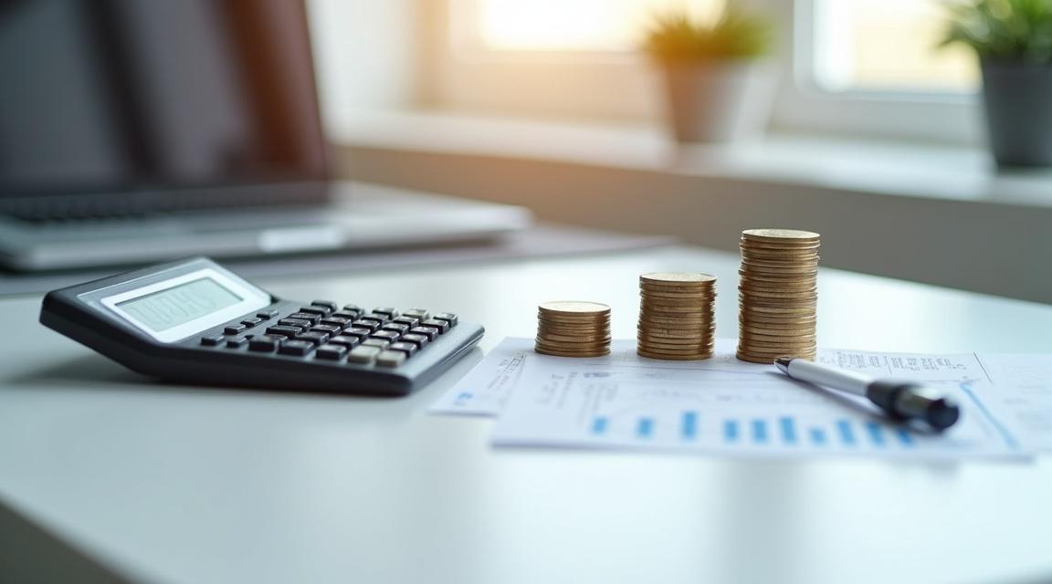 Calculadora financiera mostrando la Tasa Anual Equivalente (TAE) junto a monedas y documentos.