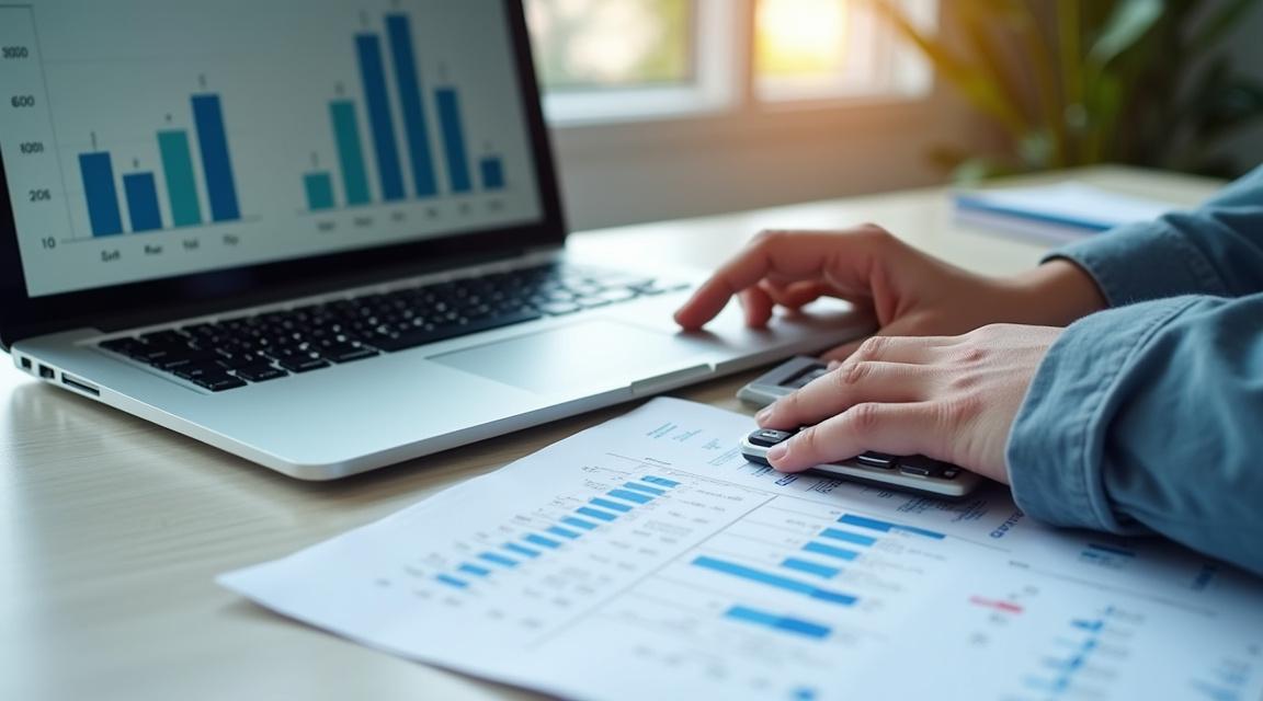 Mesa de trabajo con ordenador portátil mostrando gráficos financieros y documentos sobre préstamos.