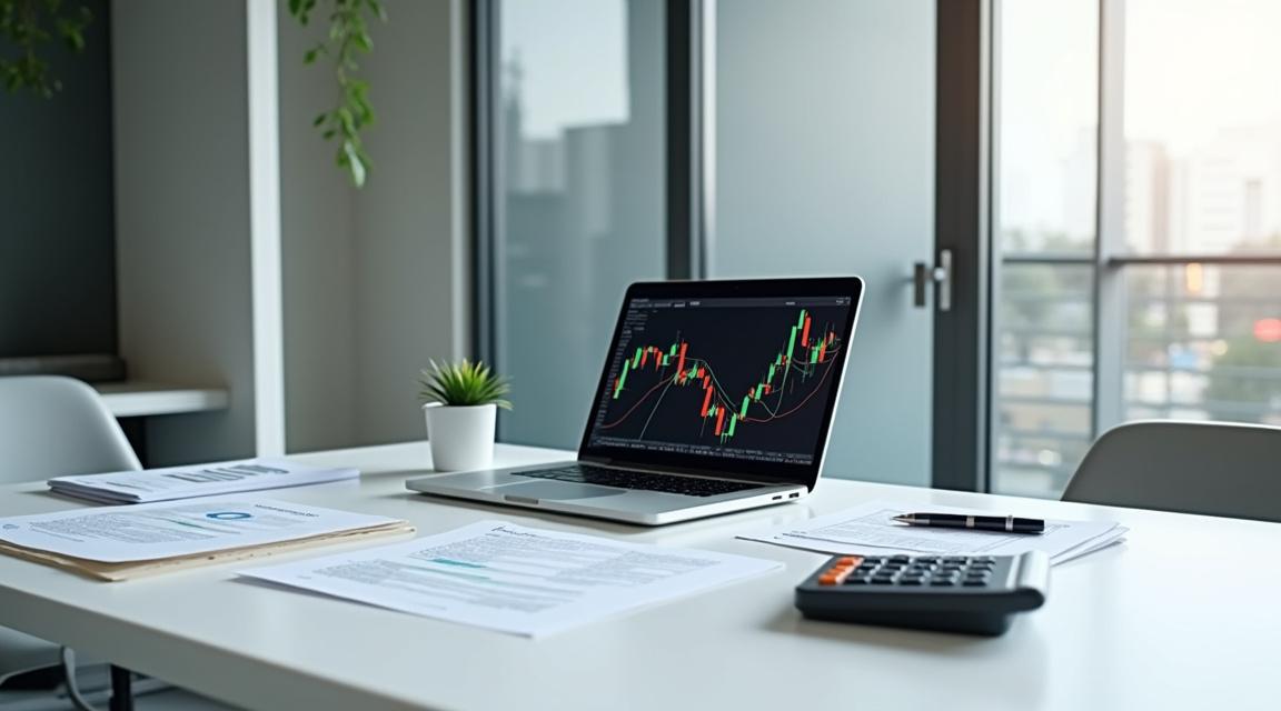 Mesa de trabajo con documentos financieros y un ordenador, representando el análisis de préstamos.