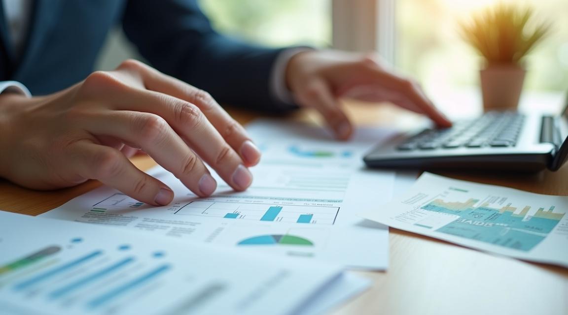 Manos analizando documentos financieros y una calculadora, representando la gestión de deudas y finanzas personales.