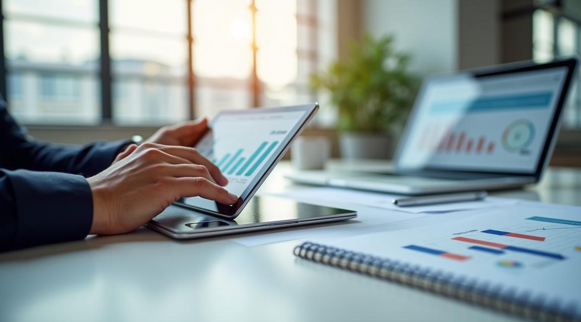 Análisis de datos financieros y reportes de crédito en pantallas de dispositivos electrónicos.