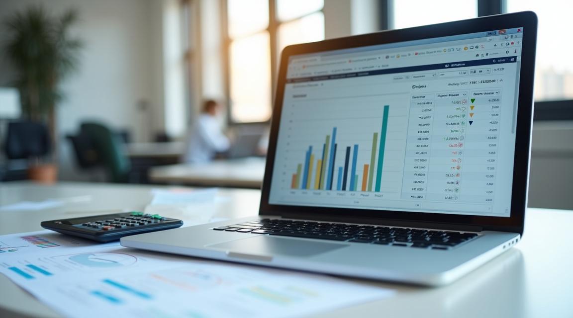 Representación visual de análisis financiero y evaluación crediticia con documentos y gráficos.