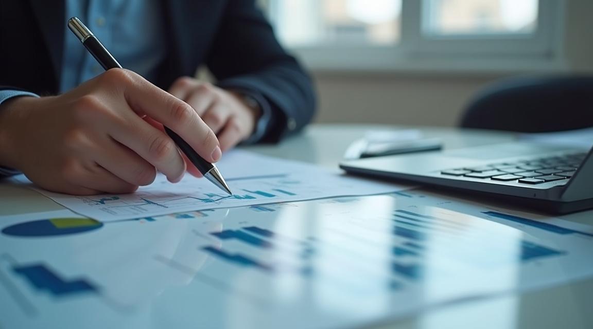 Persona analizando un reporte financiero sobre una mesa con gráficos y documentos.