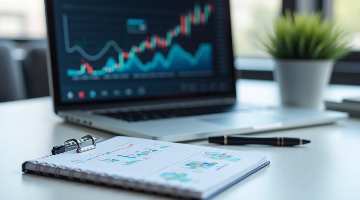 Escritorio con laptop mostrando gráficos financieros, simbolizando análisis de datos crediticios.