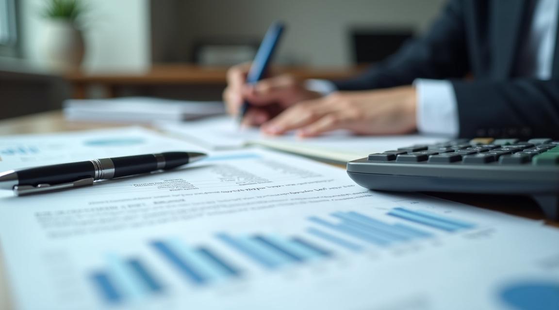 Mesa de oficina con documentos financieros, calculadora y bolígrafo, simbolizando la supervisión del crédito.