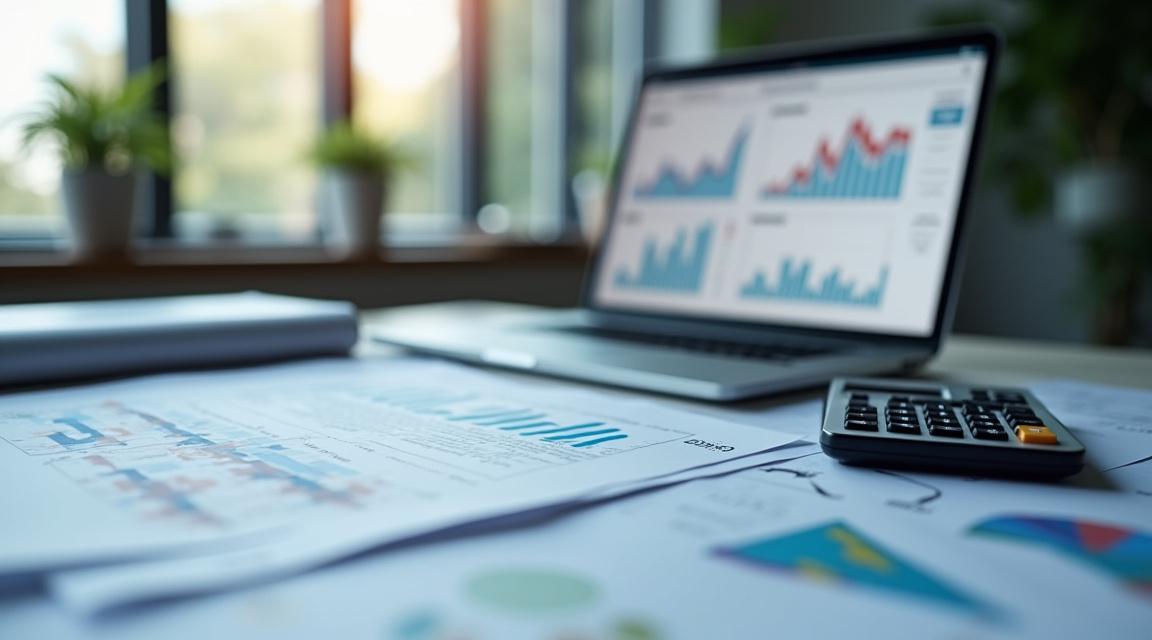 Documentos financieros y herramientas de análisis en un entorno de oficina profesional.