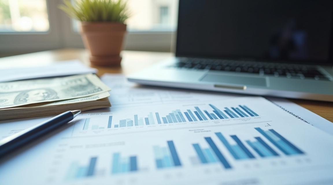 Documentos financieros y una computadora portátil sobre un escritorio, simbolizando análisis de crédito.