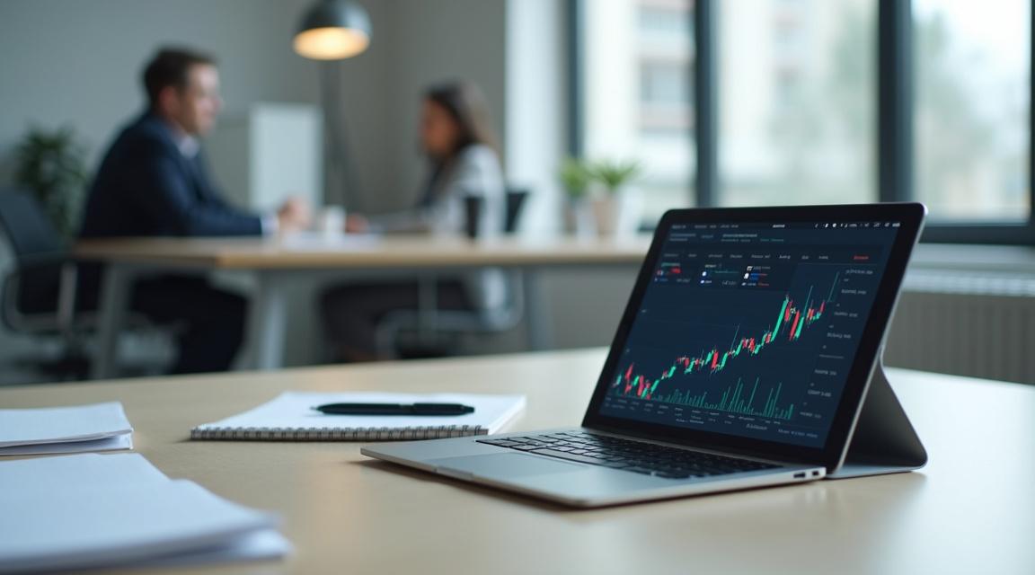 Mesa de oficina con tablet mostrando gráficos financieros, simbolizando análisis y educación económica.